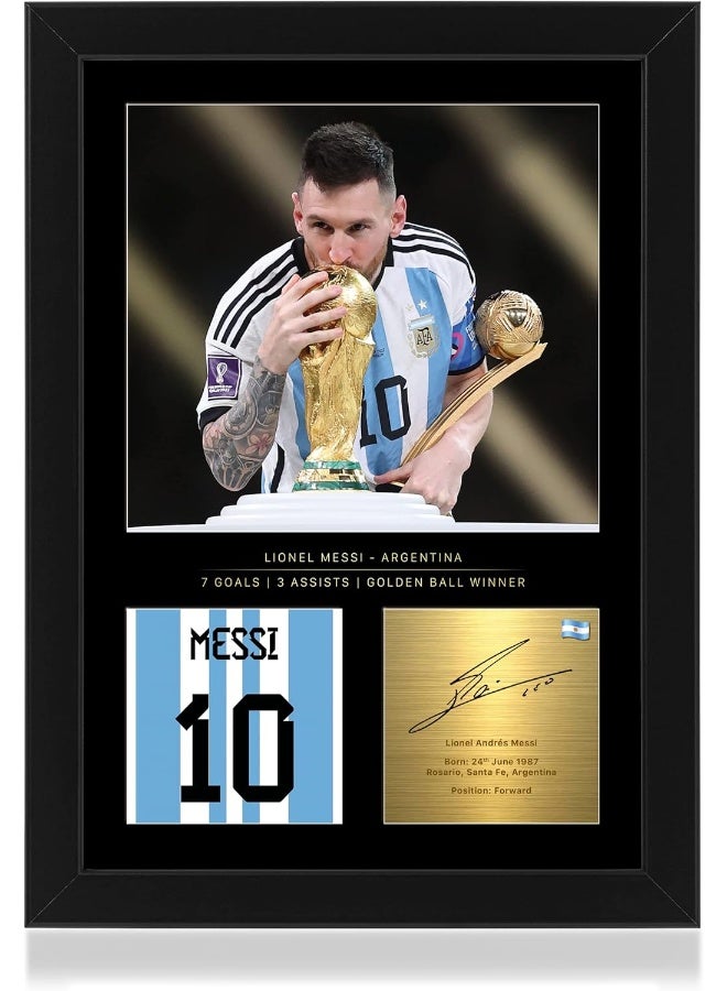 Win FC Lionel Messi Celebratory World Cup 2022 A4 Framed Photo Display - Reproduced Digital Signature - Gift For Football Fans - Image 1