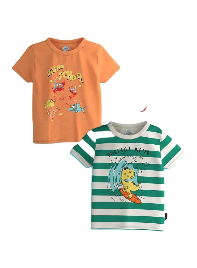 Nautinati Boys Pack of 2 Graphic Printed T-Shirt | Cotton | Age 1-5 Years Green-Orange - Image 1