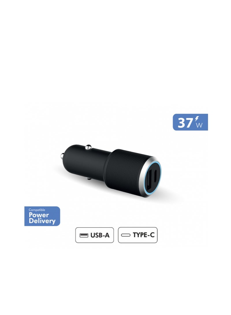 FORCE POWER LITE DUAL CAR CHARGER USB A+C PD 37W (12+25W) POWER DELIVERY  BLACK - Image 1