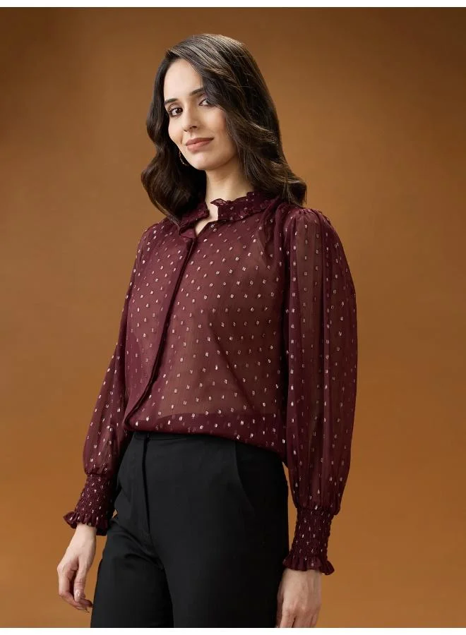 globus Globus Women Maroon Frilled Neck Bishop Sleeves Lurex Detail Georgette Shirt Style Top