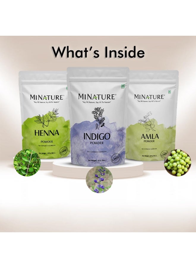 minature Combo of Organic Indigo, Henna and Amla Powder| Natural Haircare Mask |For Smooth and Shinny Hair color made with Pure Ingredients | Chemical Free | Pack Of 3 (227gram*3) - Image 1