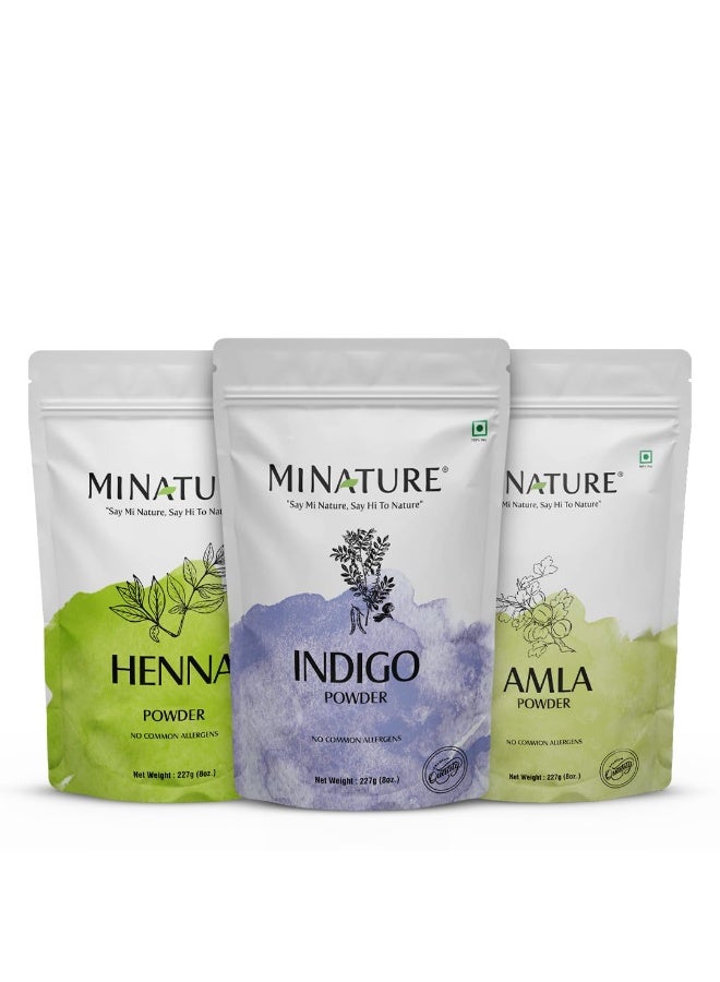 minature Combo of Organic Indigo, Henna and Amla Powder| Natural Haircare Mask |For Smooth and Shinny Hair color made with Pure Ingredients | Chemical Free | Pack Of 3 (227gram*3) - Image 2