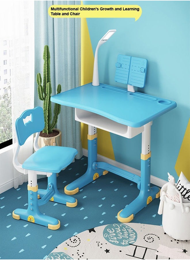 fashionhome Modern Ergonomic Design Adjustable Height Student Desk Chair with Storage Drawer Lamp Book Holder Study Reading and Drawing Workstation Table Desk and Chair Set Kid Furniture  70x45.5x70 & 34x37x72 cm  - Image 3