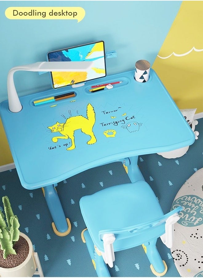 fashionhome Modern Ergonomic Design Adjustable Height Student Desk Chair with Storage Drawer Lamp Book Holder Study Reading and Drawing Workstation Table Desk and Chair Set Kid Furniture  70x45.5x70 & 34x37x72 cm  - Image 5