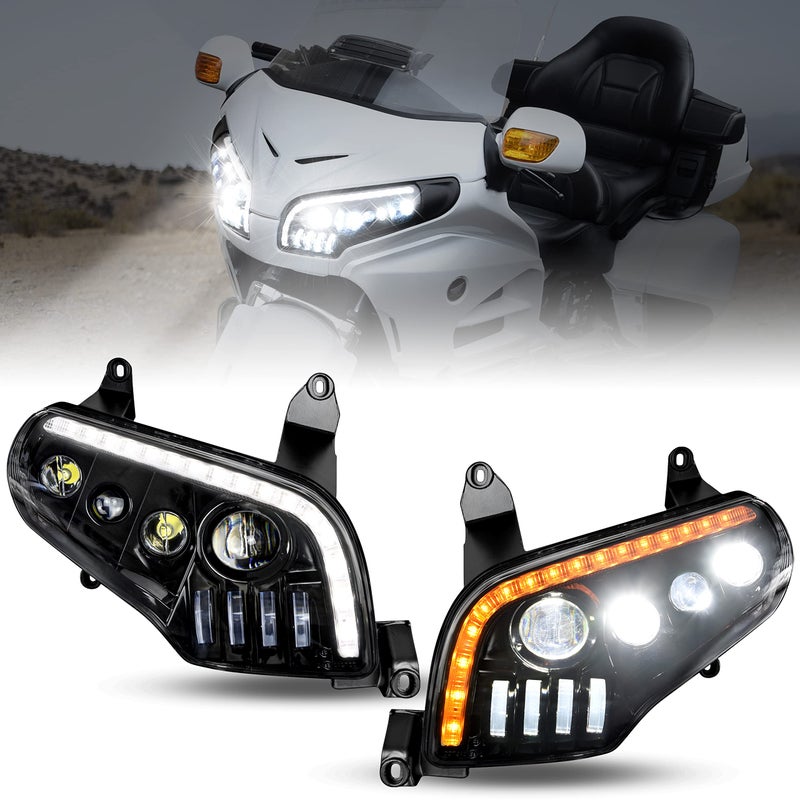 VEISUTOR LED Headlight Assembly for GoldWing GL1800 LED Headlamp Front Lamp Replacement Set wHigh Low Beam DRL Water Flowing Turn Signal Light for Honda Gold Wing GL1800 20012018 2 PCS