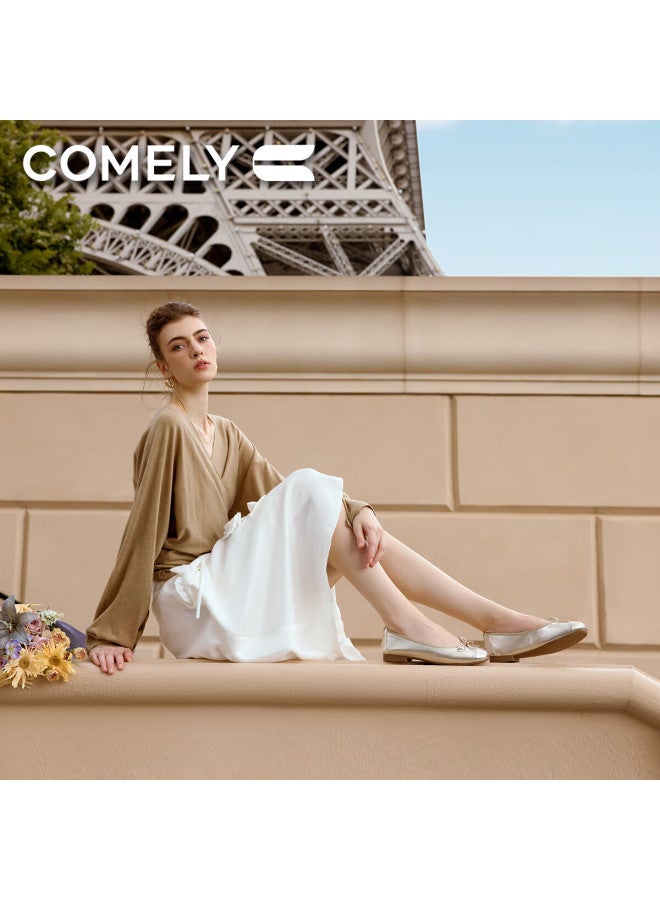 Comely Silver Ballet Flats For Women, Spring Soft-soled Gentle Bow French Lady Flat Shoes, Light Gold, Size 36 - Image 2