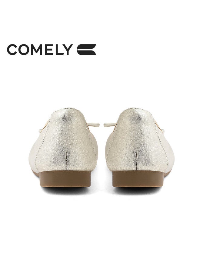 Comely Silver Ballet Flats For Women, Spring Soft-soled Gentle Bow French Lady Flat Shoes, Light Gold, Size 36 - Image 5