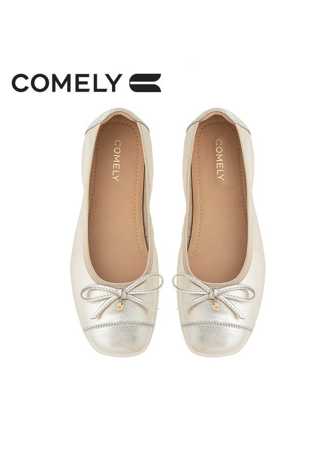 Comely Silver Ballet Flats For Women, Spring Soft-soled Gentle Bow French Lady Flat Shoes, Light Gold, Size 36 - Image 4