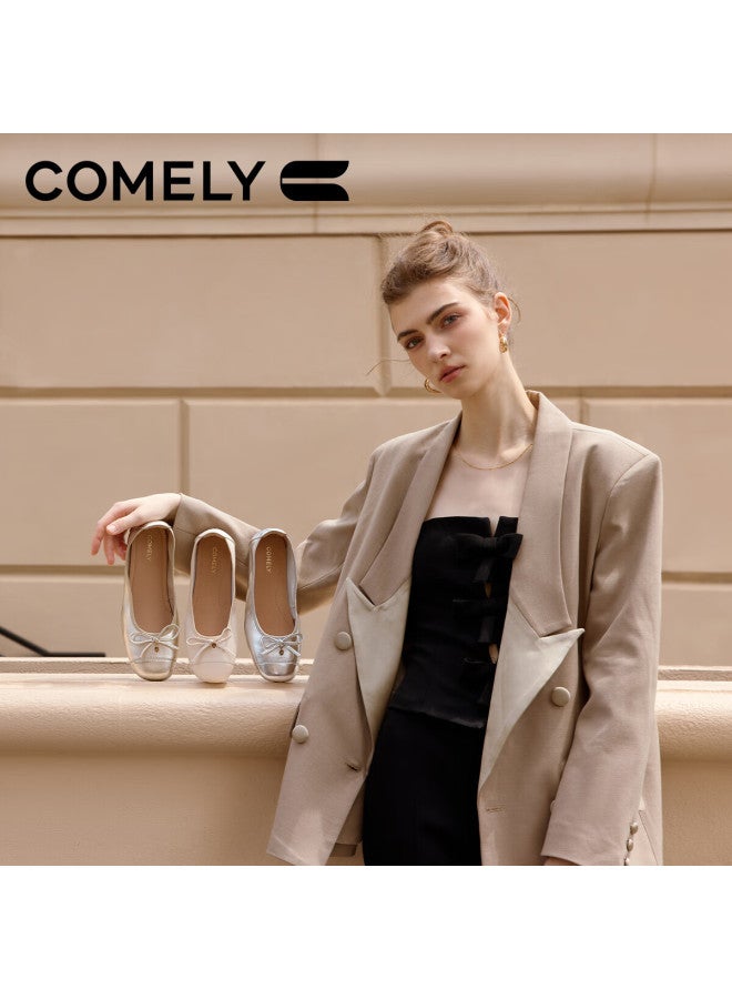 Comely Silver Ballet Flats For Women, Spring Soft-soled Gentle Bow French Lady Flat Shoes, Light Gold, Size 36 - Image 3
