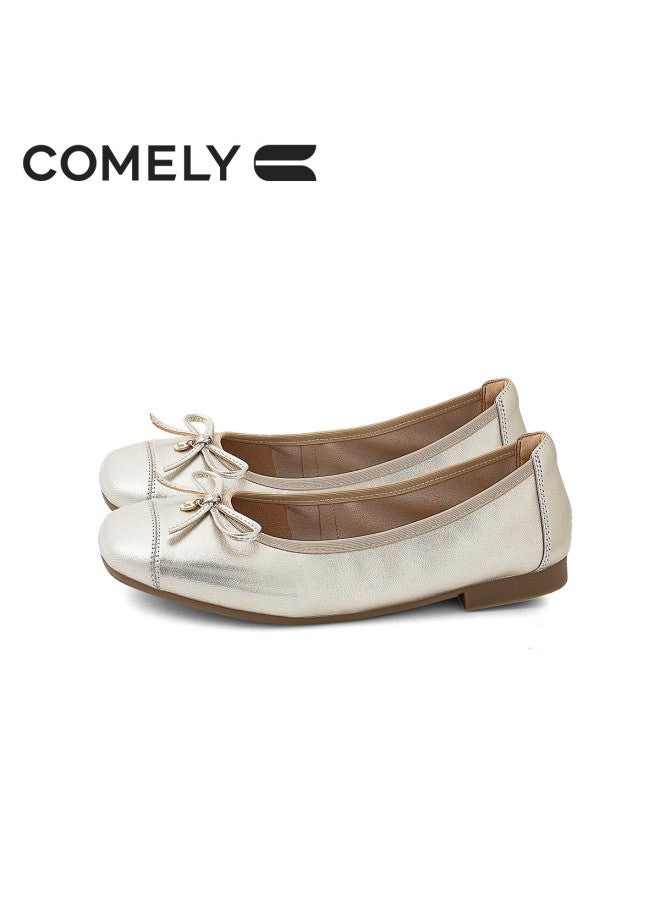 Comely Silver Ballet Flats For Women, Spring Soft-soled Gentle Bow French Lady Flat Shoes, Light Gold, Size 36 - Image 1