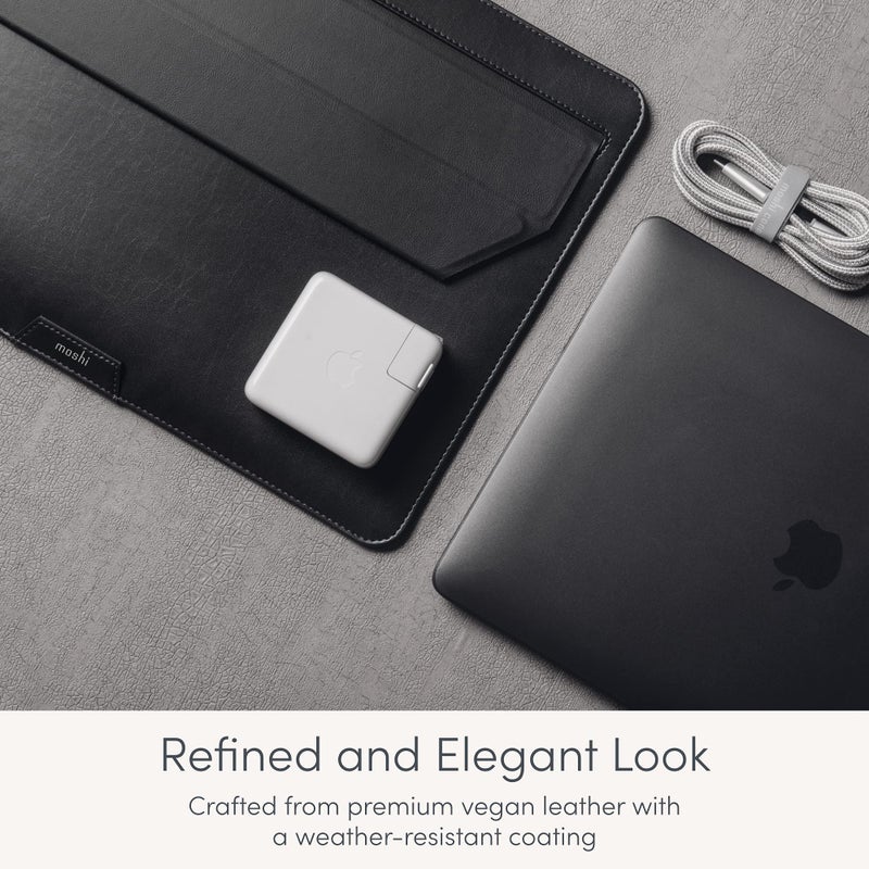 Moshi Muse Laptop Sleeve with Folding Stand for 13" MacBook/Laptop, Ergonomic 15-Degree Convertible Stand, Vegan Leather, Zipper-Less Magnetic Design, Microfiber Inner Lining, Jet Black - Image 5