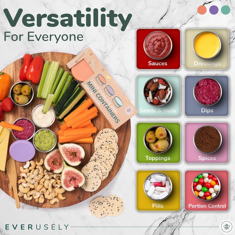 Everusely Condiment Cups - 3 Pack, 1.7 oz / 50 ml, Bright, Stainless Steel - Condiment Containers with Lids - Reusable Salad Dressing Container To Go - Sauce & Dip Cup for Lunchbox, Meal Prep - Image 5