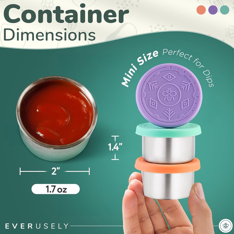 Everusely Condiment Cups - 3 Pack, 1.7 oz / 50 ml, Bright, Stainless Steel - Condiment Containers with Lids - Reusable Salad Dressing Container To Go - Sauce & Dip Cup for Lunchbox, Meal Prep - Image 2