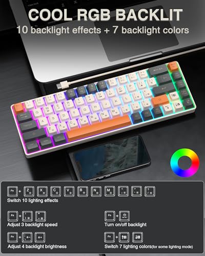 CORBOBO 60 Percent Keyboard,RGB Backlit Gaming Keyboard USB-C Wired,Portable 68 Keys Compact Mini Keyboards for Business Trips,Office,PC Games (SK968,Grey&Orange) - Image 2