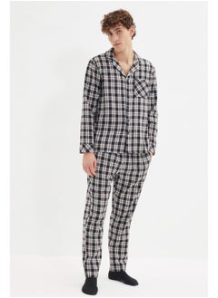Black Men's Regular Fit Plaid Weave Pajamas Set.