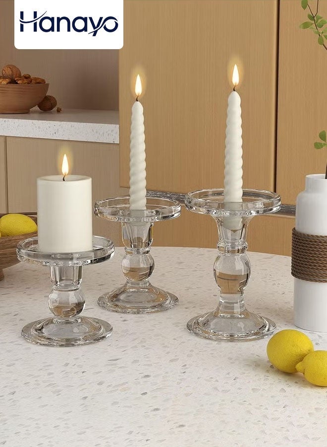 Hanayo 3 Pcs Glass Candlesticks Elegant Candle Holders for Pillar Candles and Tealights Candle Perfect for Bedroom Living Room Wedding Dinning and Decoration(Clear) - Image 1