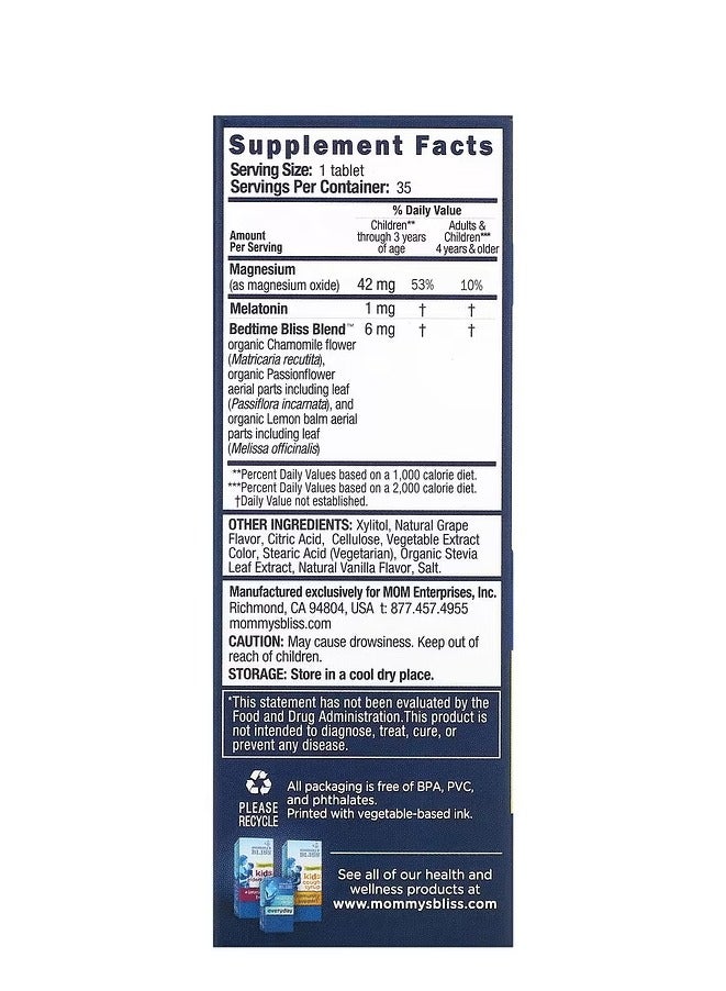 Mommy's Bliss Kids Sleep Chewable, Melatonin + Magnesium, Kids 3 Yrs+, Natural Grape, 35 Chewable Tablets - Image 2