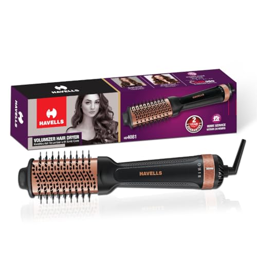 Havells HD4081 Professional Volumizer Hair Dryer, KeraNourish Ceramic Coating Brush Head, 1200 Watts, Ionic Care, Nylon Bristles,Cool Tip with Stand Support - Image 1