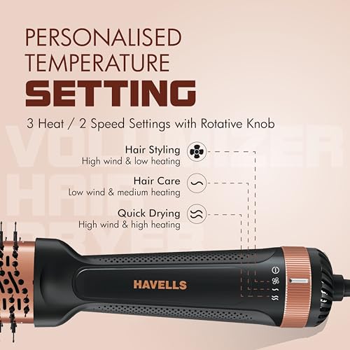 Havells HD4081 Professional Volumizer Hair Dryer, KeraNourish Ceramic Coating Brush Head, 1200 Watts, Ionic Care, Nylon Bristles,Cool Tip with Stand Support - Image 5