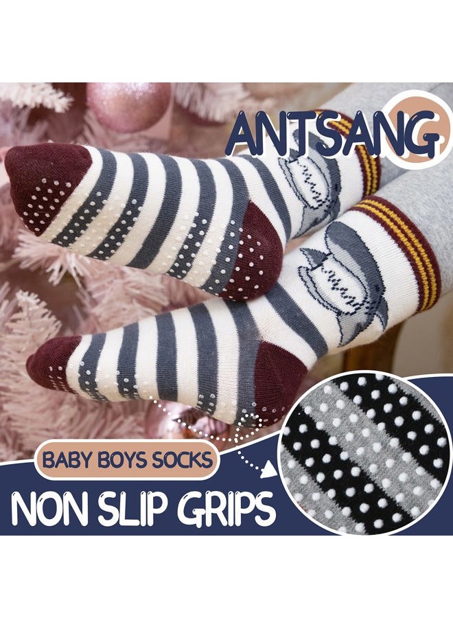 ANTSANG Baby Boys Grips Socks Kids Toddlers Infants Non Slip/Anti Skid Crew Cotton Socks 12 Pairs, Brown Striped(12 Pairs), 5-8 Years - Image 3