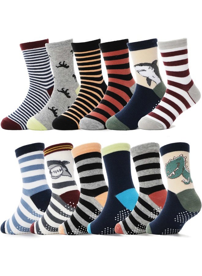 ANTSANG Baby Boys Grips Socks Kids Toddlers Infants Non Slip/Anti Skid Crew Cotton Socks 12 Pairs, Brown Striped(12 Pairs), 5-8 Years - Image 1