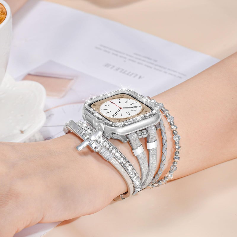 Fancywrist Boho Bracelet & Case Compatible with Apple Watch Band 40mm 44mm 45mm 46mm 41mm 38mm 42mm(S11 S10) Women, Dressy beaded Handmade Leather Strap for iWatch Series11 10 9 8 7 6 5 4 3 2 1 SE - Image 2