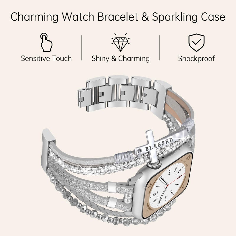 Fancywrist Boho Bracelet & Case Compatible with Apple Watch Band 40mm 44mm 45mm 46mm 41mm 38mm 42mm(S11 S10) Women, Dressy beaded Handmade Leather Strap for iWatch Series11 10 9 8 7 6 5 4 3 2 1 SE - Image 3