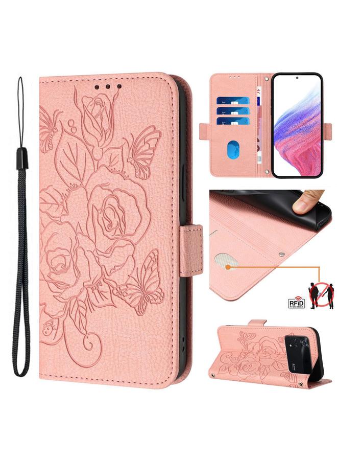 Case For Xiaomi Poco M4 Pro 4G Embossed Rose RFID Anti-theft Leather Phone Case