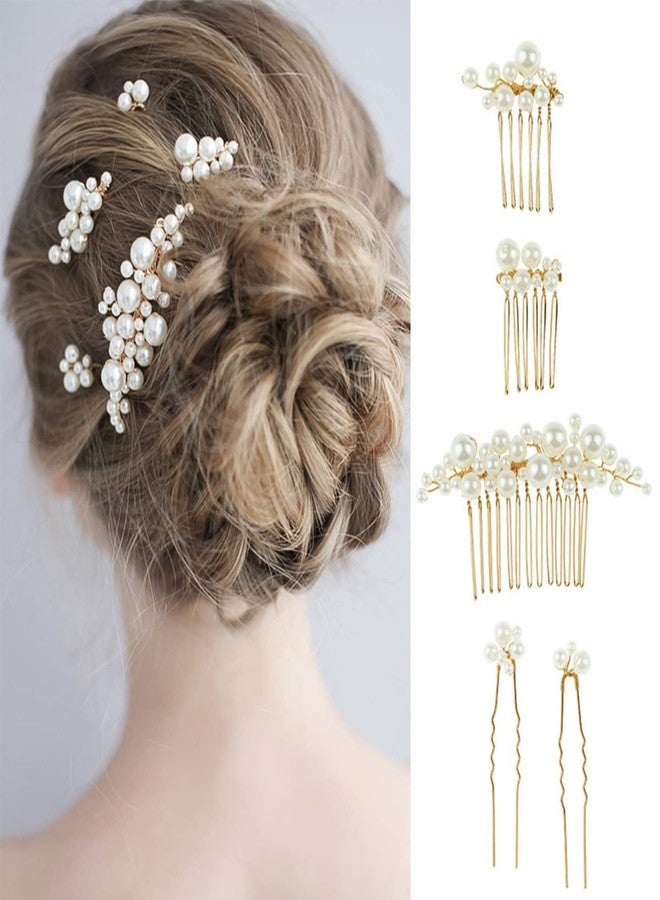 MVM Enterprise Pearl hair combs 5pc set | Bridal Hair Pins for women, girl | Juda Pins | Bun Comb | Floral Bridal Wedding Hair Accessory | Jewelry for Women | Gold Comb Hair Brooch - Image 2
