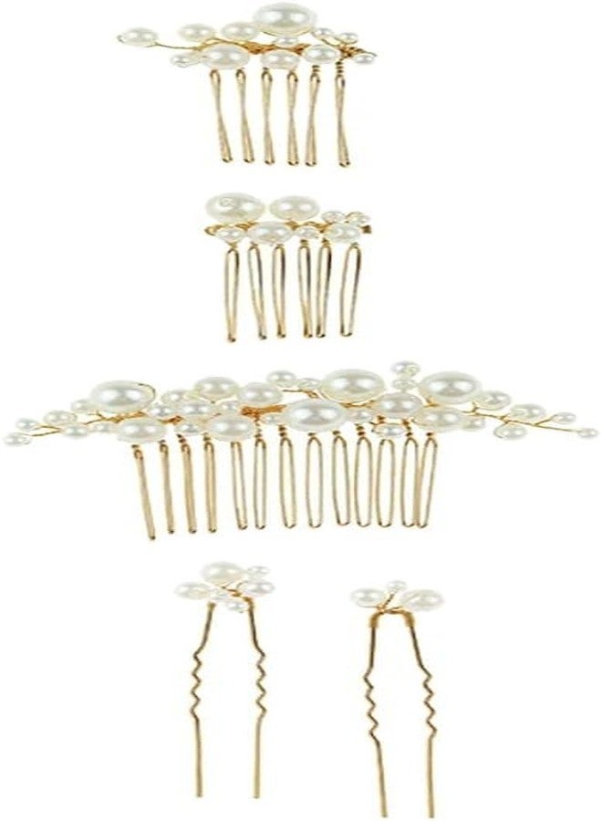 MVM Enterprise Pearl hair combs 5pc set | Bridal Hair Pins for women, girl | Juda Pins | Bun Comb | Floral Bridal Wedding Hair Accessory | Jewelry for Women | Gold Comb Hair Brooch - Image 1