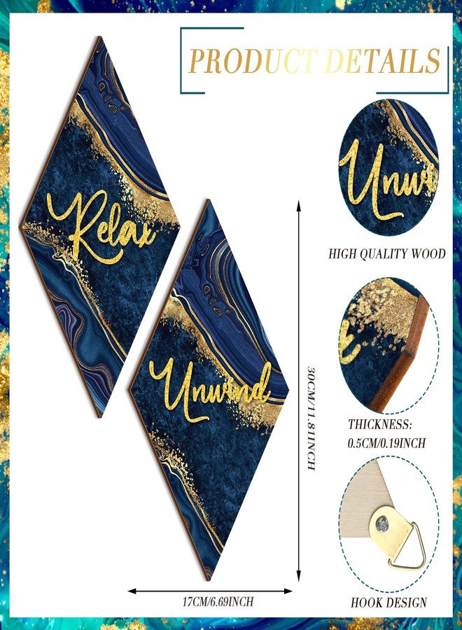 Ferraycle 4 Pcs Marble Style Bathroom Wall Decor Relax Soak Unwind Breathe Wall Art Vintage Farmhouse Art Decor Wooden Bathroom Hanging Signs for Laundry Spa Room(6.69 x 11.81 Inch,Navy Blue) - Image 2