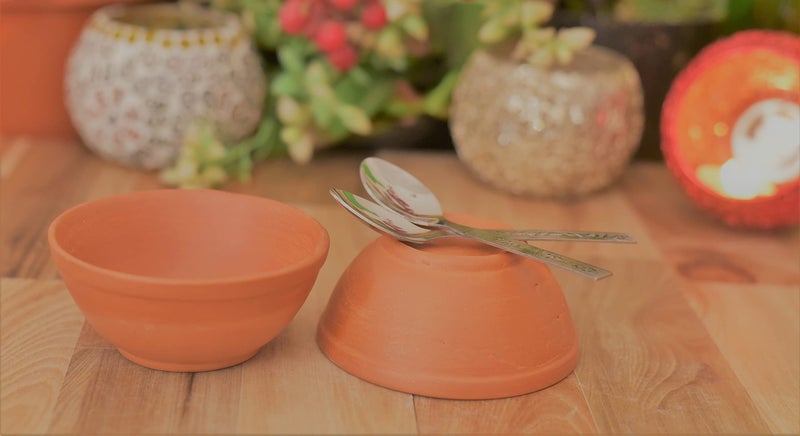 SHRIYAM CRAFT Shriyam Clay Sweet Bowels / Katori/Serving Bowl/Earthenware Bowl for Serving Curd, Vegetables Set of 2 with Spoon (2) Pack of 2 - Image 2