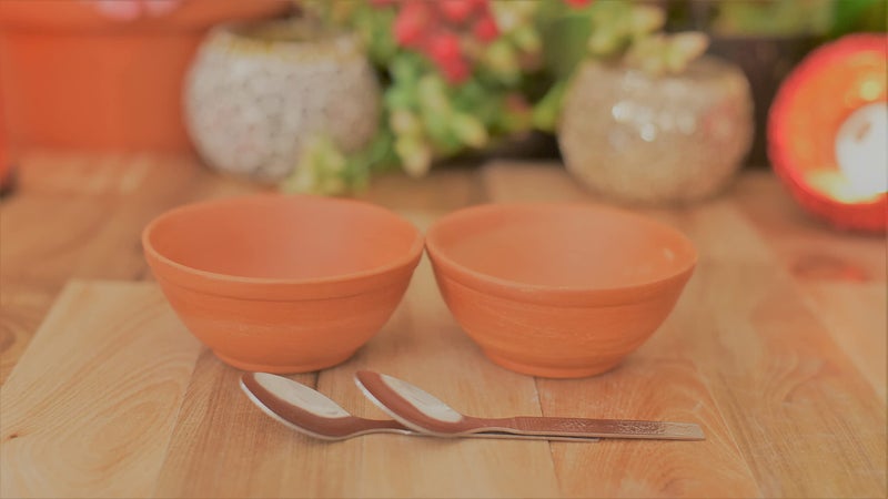 SHRIYAM CRAFT Shriyam Clay Sweet Bowels / Katori/Serving Bowl/Earthenware Bowl for Serving Curd, Vegetables Set of 2 with Spoon (2) Pack of 2 - Image 1