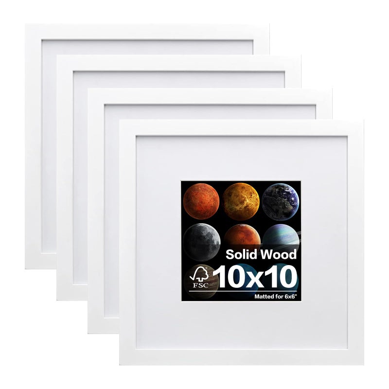 Egofine Egofine 10x10 Picture Frames WhiteMade of Solid Wood with HD Plexiglass for Pictures 6x6 with Mat or 10x10 without Mat Tabletop and Wall Mounting Display Set of 4 