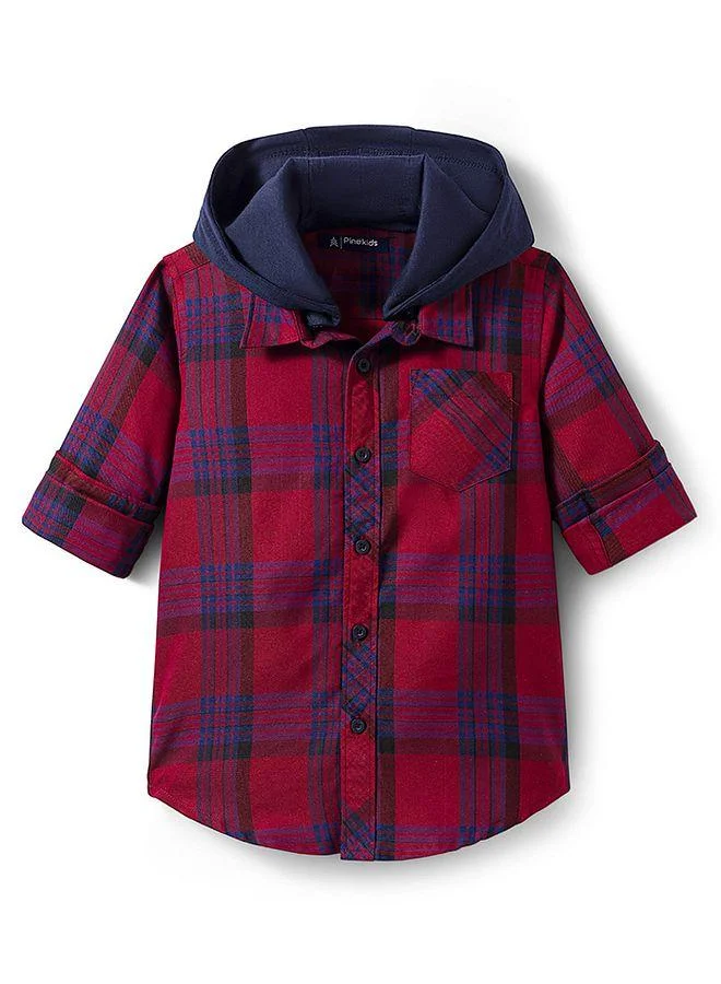 Pine Kids Pine Kids Cotton Woven Full Sleeves Hooded Shirt with Checks Prints - Red
