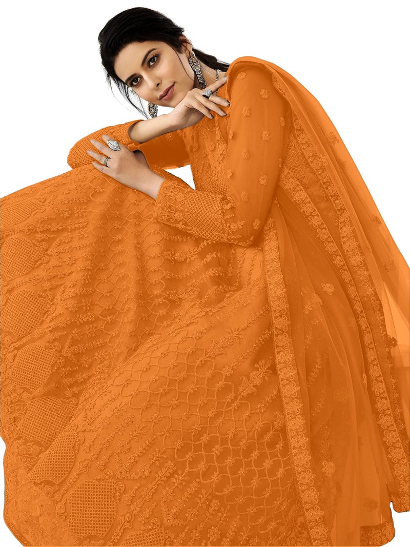 PATLANI Women Long Orange Gown, Net with Ultra Satin Inner Ethnic Fit and Flare Gown for Girl's/Women's Semi Stitched Gown (Orange), 3XL - Image 3