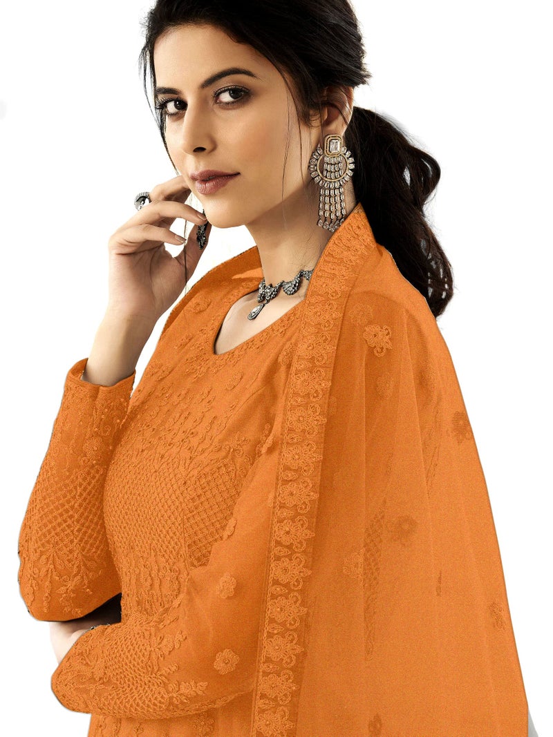PATLANI Women Long Orange Gown, Net with Ultra Satin Inner Ethnic Fit and Flare Gown for Girl's/Women's Semi Stitched Gown (Orange), 3XL - Image 4