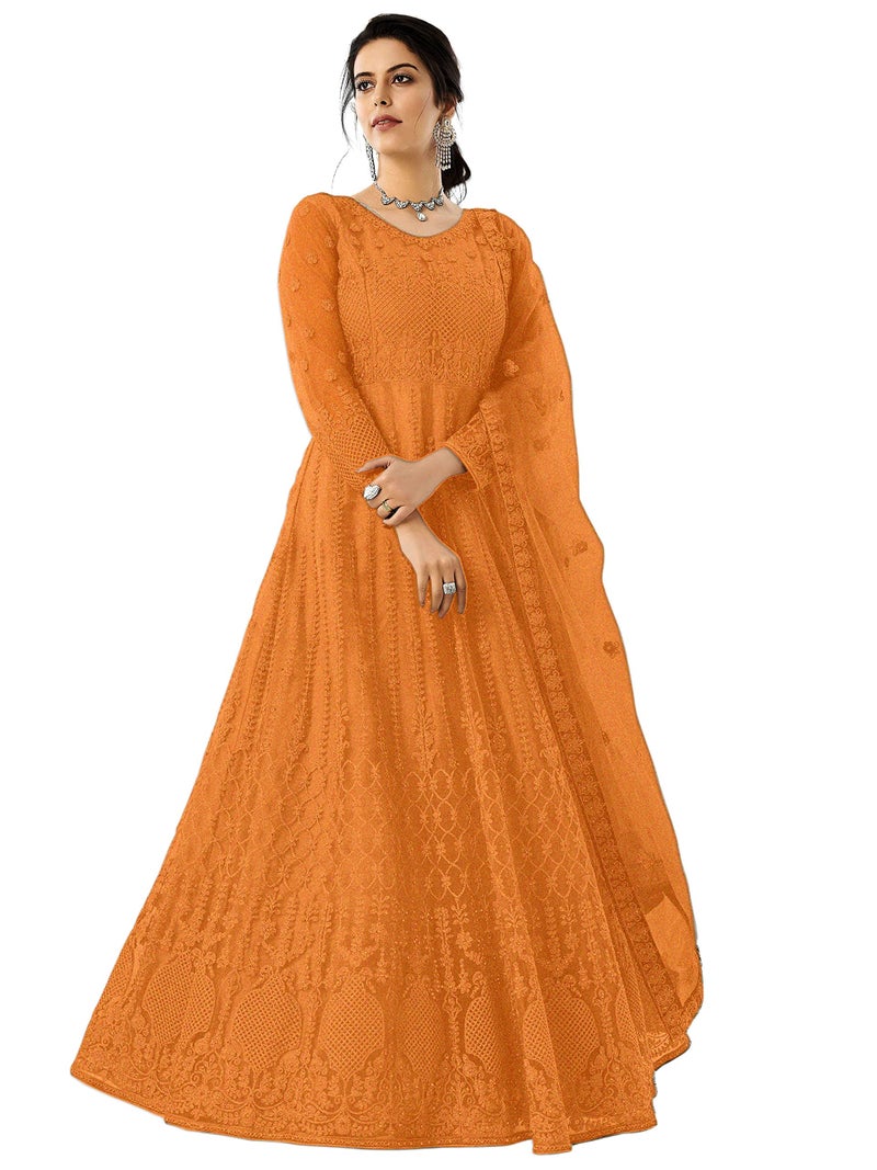 PATLANI Women Long Orange Gown, Net with Ultra Satin Inner Ethnic Fit and Flare Gown for Girl's/Women's Semi Stitched Gown (Orange), 3XL - Image 1