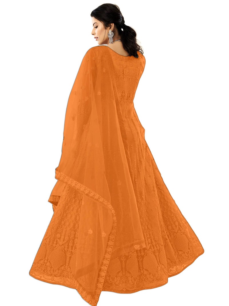 PATLANI Women Long Orange Gown, Net with Ultra Satin Inner Ethnic Fit and Flare Gown for Girl's/Women's Semi Stitched Gown (Orange), 3XL - Image 2