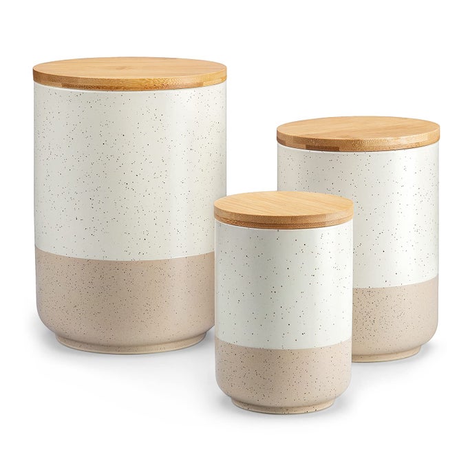 SABINE CERAMIC CANISTER SET WITH AIRTIGHT WOOD LIDS 3PIECE KITCHEN STORAGE FOR FLOUR SUGAR COFFEE TEA SPICES MODERN COUNTERTOP DECOR