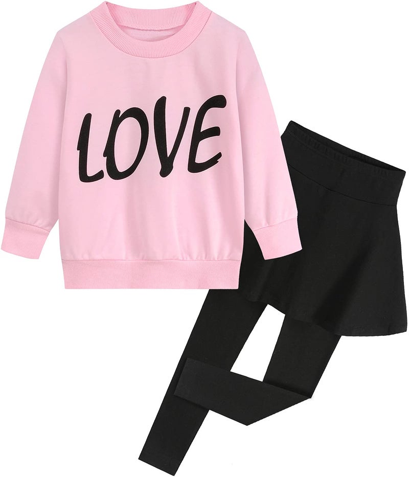 CM-Kid Toddler Girl Clothes Size 6T Girls Winter Spring Outfits, Long Sleeve Love Print Sweatshirt Top + Skirt Leggings Pants 2Pcs Clothing Set Christmas Gifts - Image 1