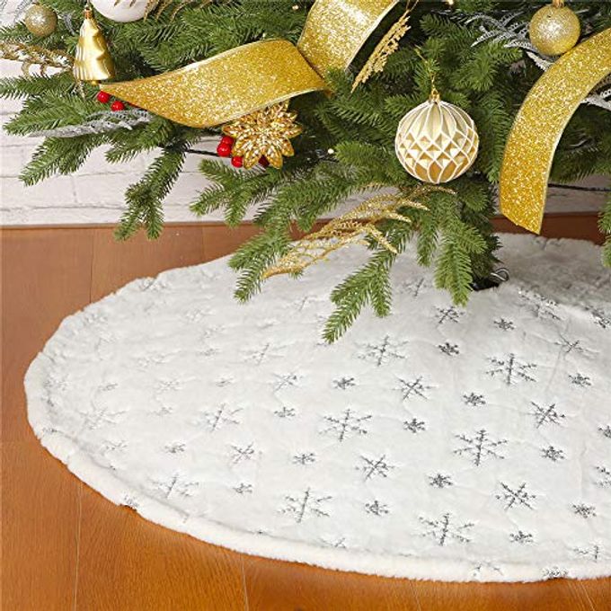 CHRISTMAS SEQUIN TREE SKIRT 36INWHITE SOFT THICK WITH SILVER SNOWFLAKES DECORATIONS FOR 5FT 6FT 7FT XMAS TREE
