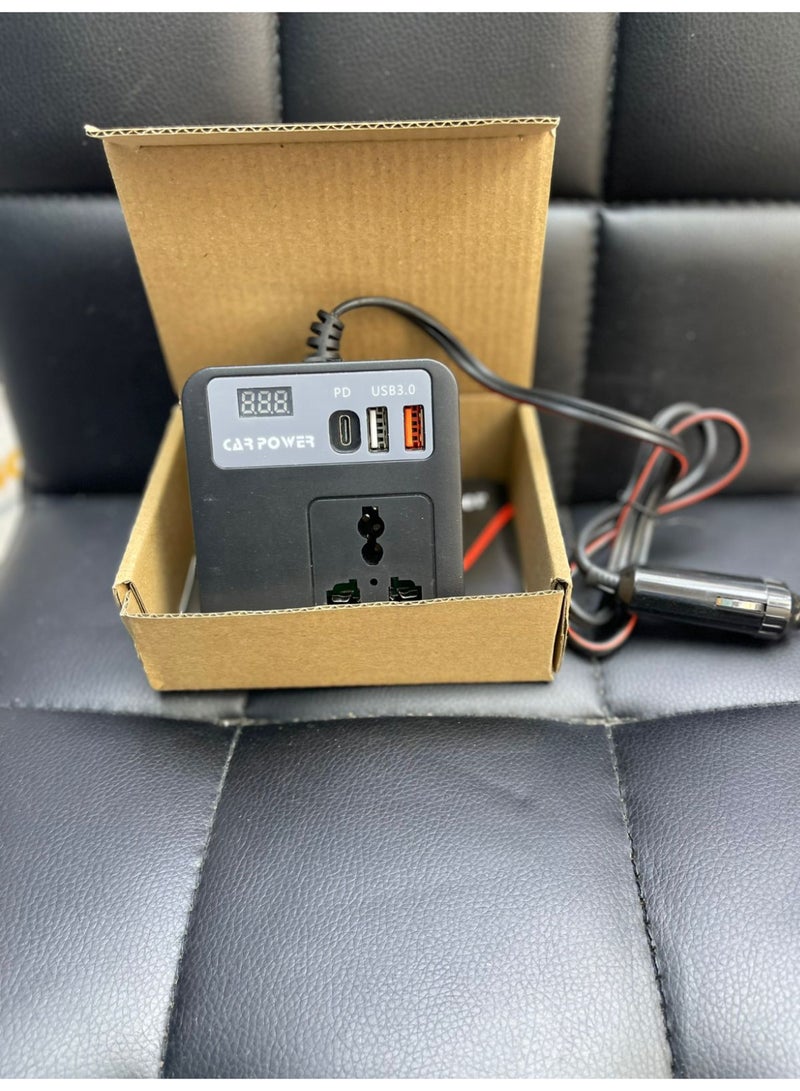 12V Car Power Inverter 220V with USB-C PD Fast Charging, Dual USB Ports, Universal AC Socket & LED Display – Multi-Port Car Charger Adapter