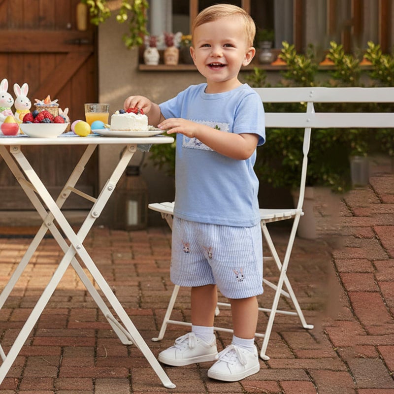 BemeyourBBs Toddler Baby Boy Easter Outfit Graph Short Sleeve T Shirt Elastic Waist Pockets Shorts Set 2 Piece Clothes Bunny Carrot Egg Blue, 12-18 Months - Image 2