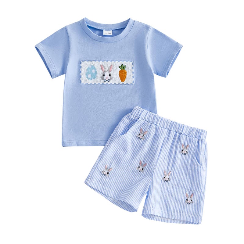 BemeyourBBs Toddler Baby Boy Easter Outfit Graph Short Sleeve T Shirt Elastic Waist Pockets Shorts Set 2 Piece Clothes Bunny Carrot Egg Blue, 12-18 Months - Image 1