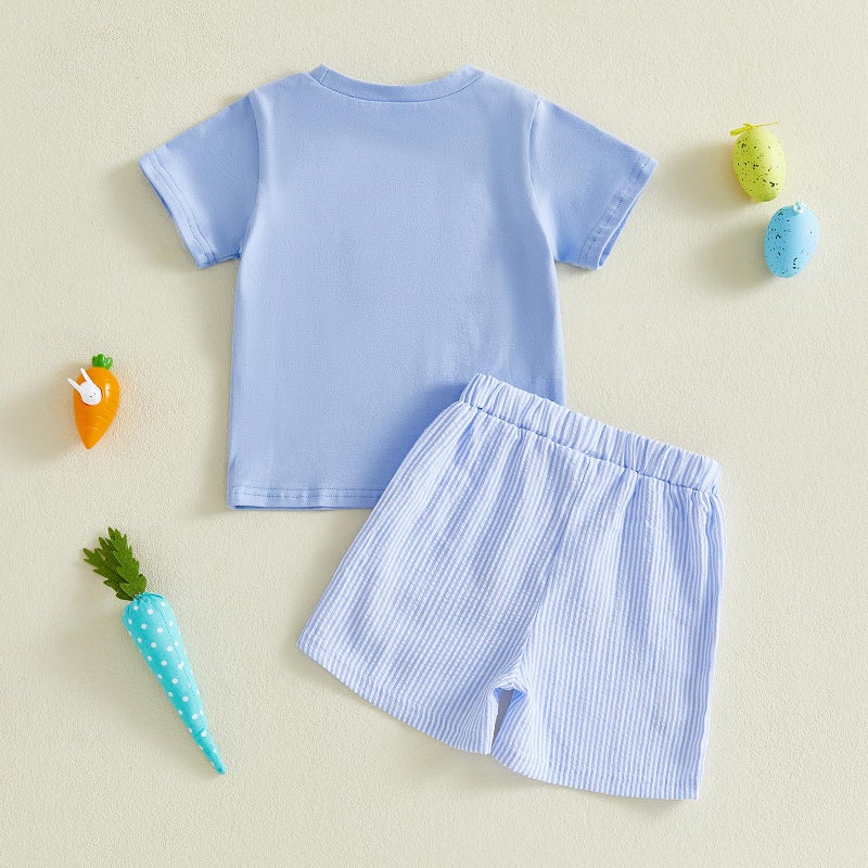 BemeyourBBs Toddler Baby Boy Easter Outfit Graph Short Sleeve T Shirt Elastic Waist Pockets Shorts Set 2 Piece Clothes Bunny Carrot Egg Blue, 12-18 Months - Image 5