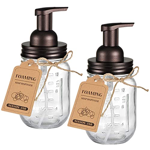 Amolliar Mason Jar Foaming Soap Dispenser Rustproof Stainless Steel Lid BPA Free Foam Pump Waterproof Labels Rustic Farmhouse Decor Refill Hand Soap Dispenser Bathroom Accessories Bronze 2 Pack