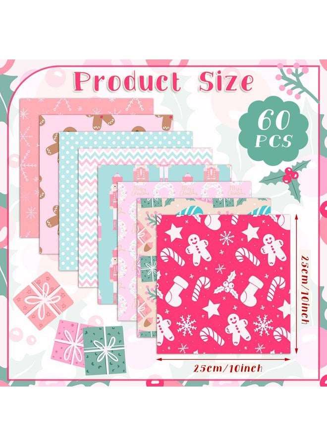 Oudain 60 Pcs 10 x 10 Inch Pastel Christmas Quilting Fabric Squares Vintage Christmas Fat Patchwork Precuts Pink Green Gingerbread Man Nutcracker Fabric Bundles for Xmas DIY Craft Sewing Handmade - Image 2