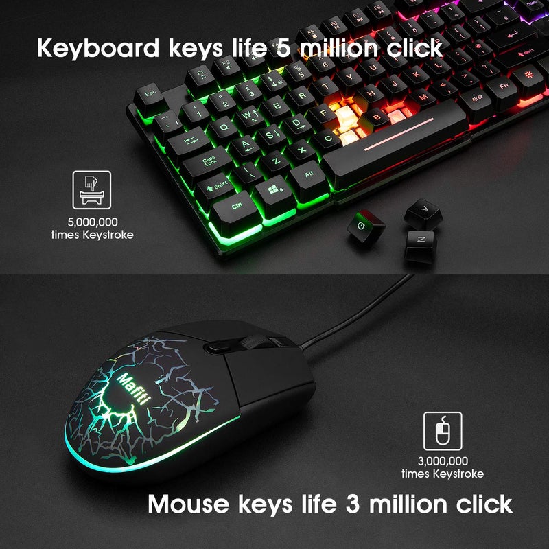 Mafiti RK101 7 Rainbow Backlit Gaming Keyboard Mechanical Feeling USB Wired Gaming Keyboard with Breathing Light Mouse Combo for Working or Gaming, UK layout - Image 2