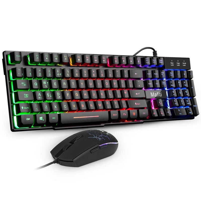 Mafiti RK101 7 Rainbow Backlit Gaming Keyboard Mechanical Feeling USB Wired Gaming Keyboard with Breathing Light Mouse Combo for Working or Gaming, UK layout - Image 1